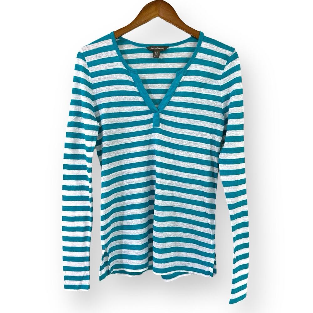 Tommy Bahama Womens Teal Blue Striped 100% Linen Knit Tee Small V-Neck Tunic Top